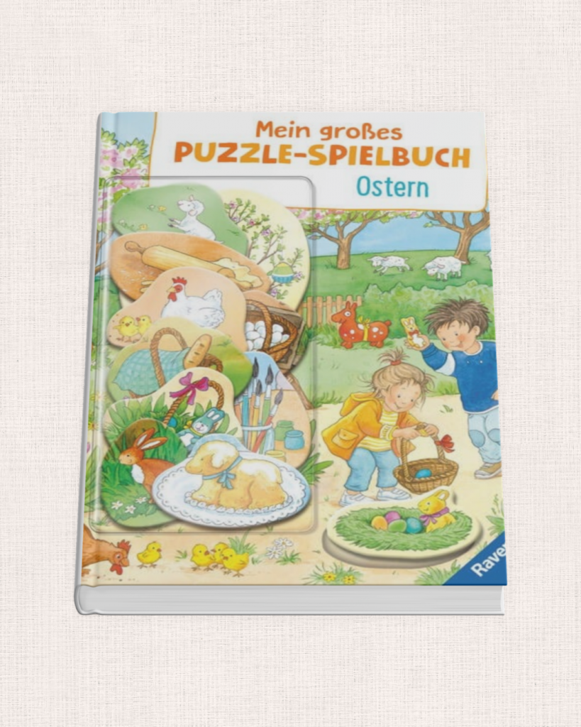 Ein buntes Oster-Puzzlebuch mit 10 großen Puzzleteilen für Kinder ab 2 Jahren.