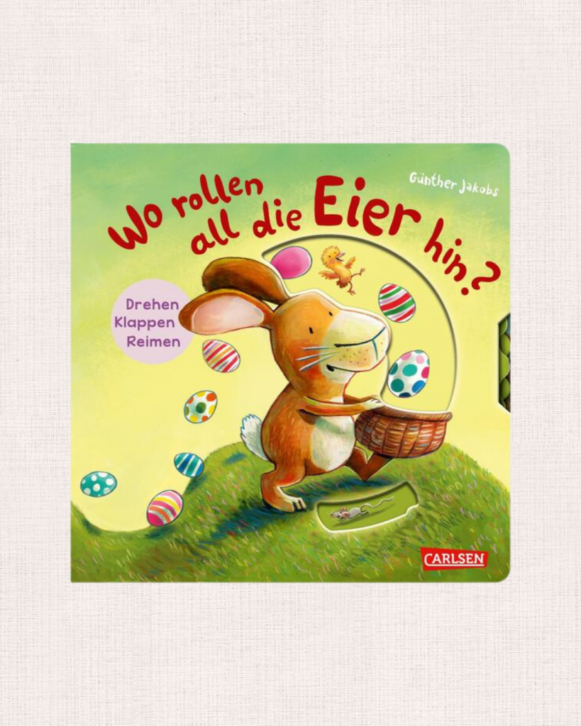 „Wo rollen all die Eier hin?“ – interaktives Osterbuch mit Drehscheiben und Klappen für Kleinkinder.