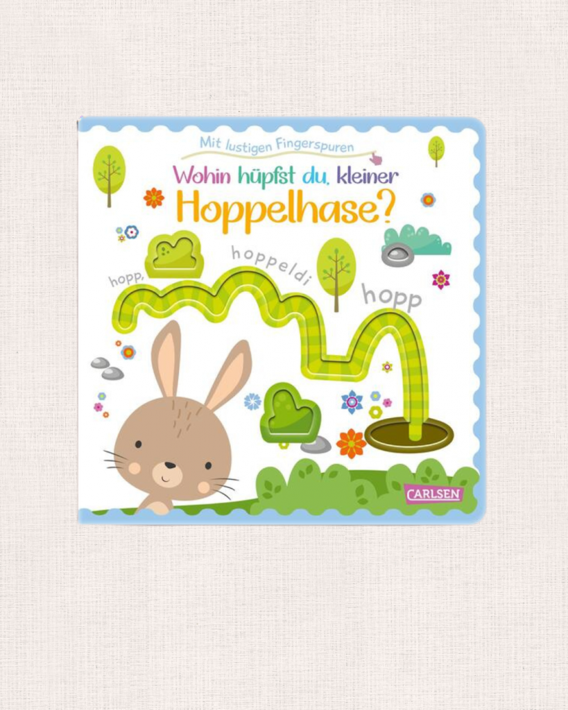 „Wohin hüpfst du, kleiner Hoppelhase?“ – Mitmachbuch mit Fühlstanzungen für Kleinkinder.