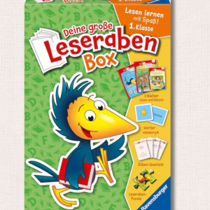 Leseraben Box „Lesen lernen mit Spaß“ mit Erstlesebüchern, Spielen und Stickern für Kinder in der 1. Klasse.