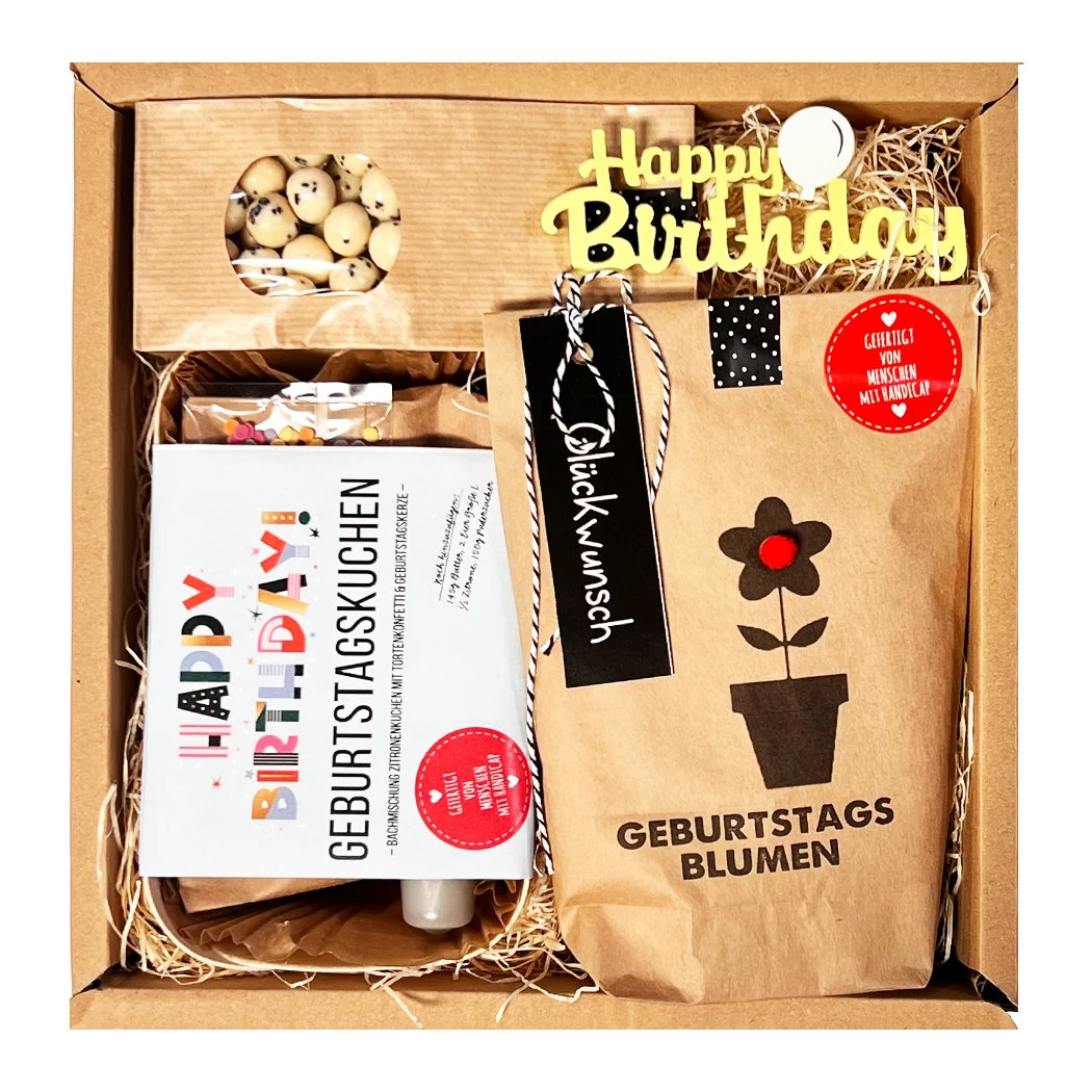 Geschenkbox zum Geburtstag mit liebevoll zusammengestellten Überraschungen